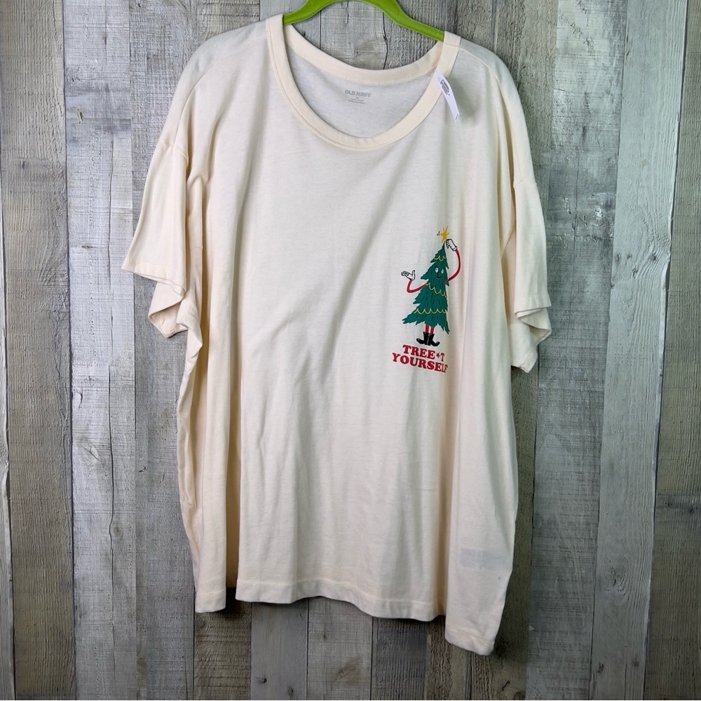 Old Navy Size 3X Cream & Green Short Sleeve Crewneck Christmas T-Shirt